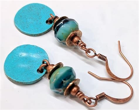 Turquoise Boho Bead Earrings Blue Patina Czech Glass Bead Etsy