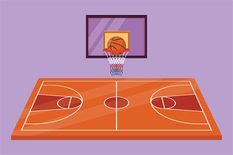 Cartoon Flat Style Drawing Basketball Court Ball And Hoop Indoor Or