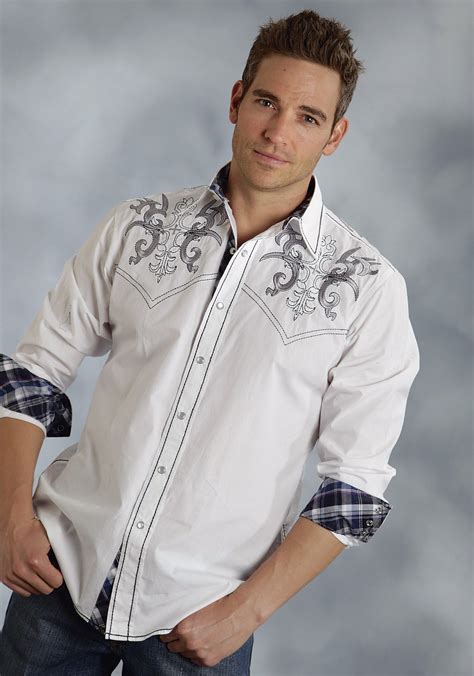 Roper® Mens White Fancy Embroidered Long Sleeve Snap Western Shirt Western Denim Shirt