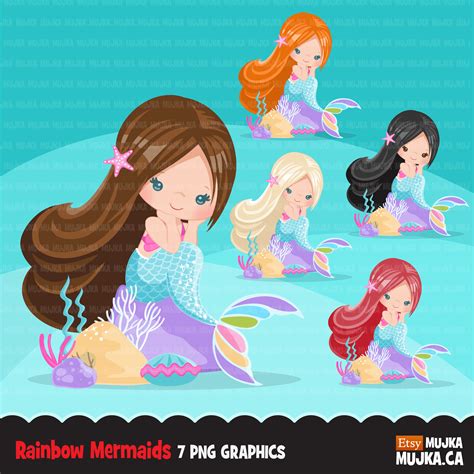 Little Mermaids Clipart Bundle Rainbow Mermaid Graphics Mujka Cliparts
