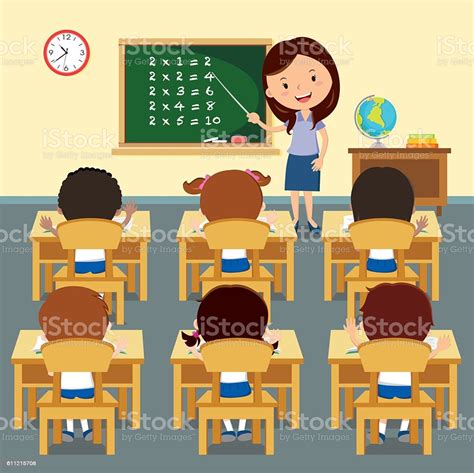 Cheerful Teacher Teaching In Classroom Stock Illustration