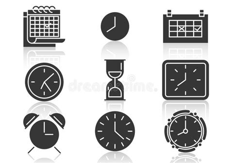 Solid Icons Set Clock Calendar Sand Clock And Shadow Vector