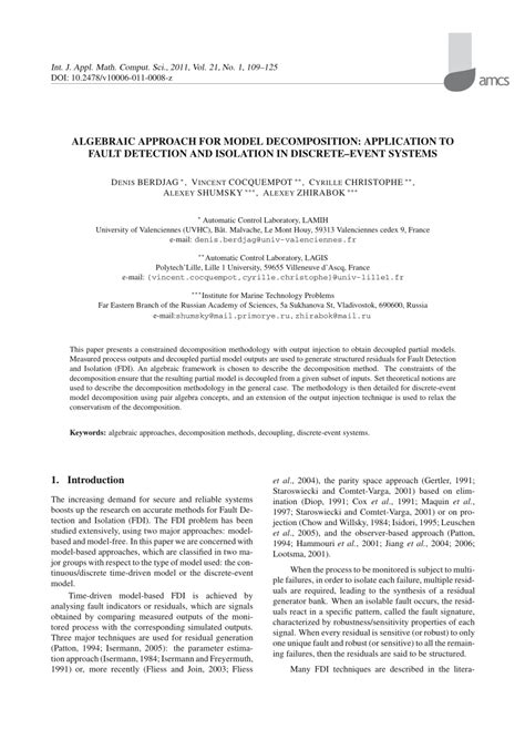 Pdf Algebraic Approach For Model Decomposition Application For Fault Detection And Isolation
