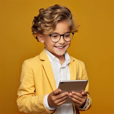 Premium Ai Image Happy Cheerful Smart Boy On A Yellow Background With