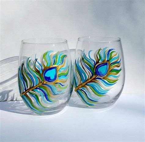 Atkinson Creations 2 Peacock Feather Painted Stemless Wine Glasses Home Products From Amazon