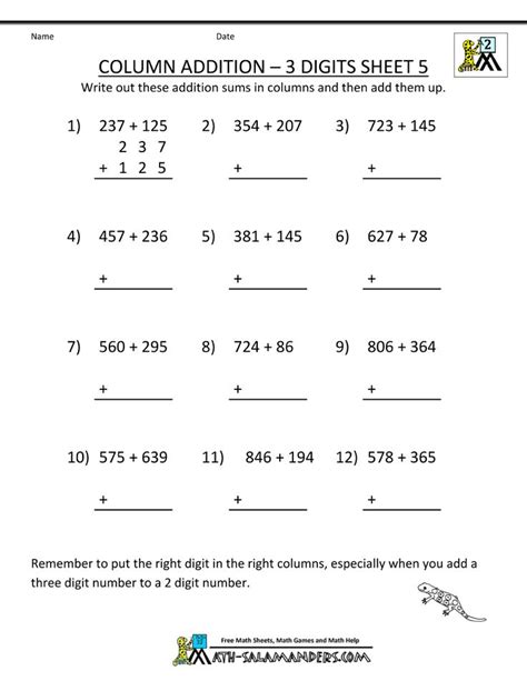 Math Addition Worksheet Column Addition 3 Digits Carrying 5 1000×