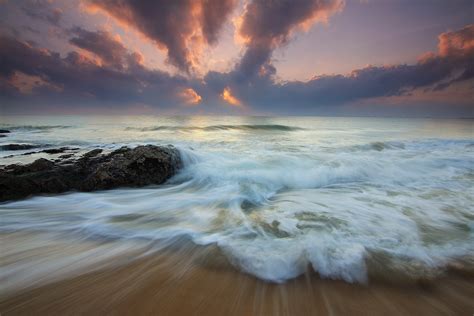 Wallpaper Sunset Waves Horizon Rocks Ocean Clouds Wallpx