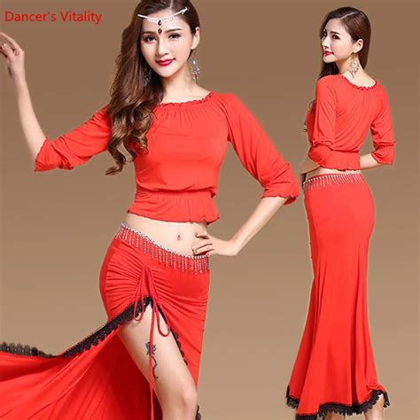 Women Performance Belly Dance Clothes Comfortable Modal Half Sleeves Top And Sexy Kick Pleat