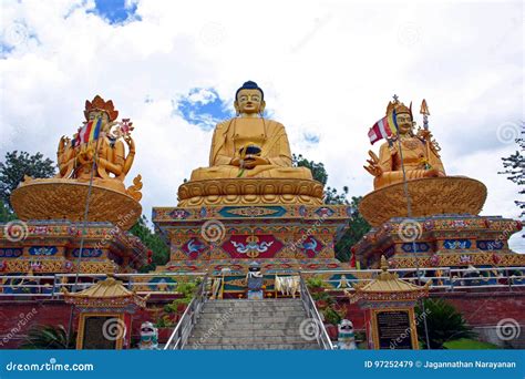 Buddha Park With Three Golden Buddha Statues Kathmandu Nepal Stock