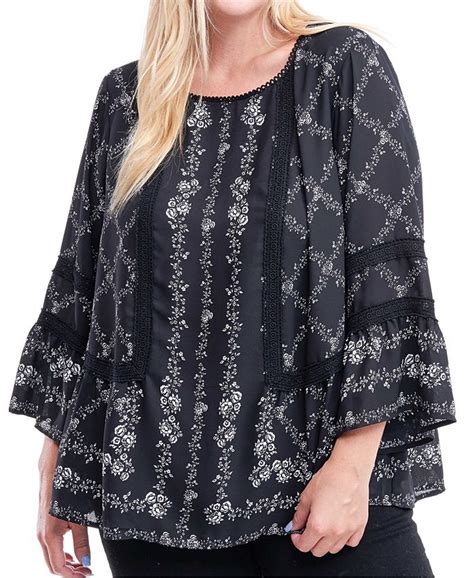 Fever Plus Size Printed Crochet Trim Top And Reviews Tops Plus Sizes