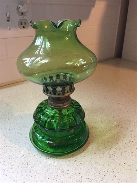 Vintage Small Oil Lamp Forest Green Glass Made In Hong Kong Kerosene