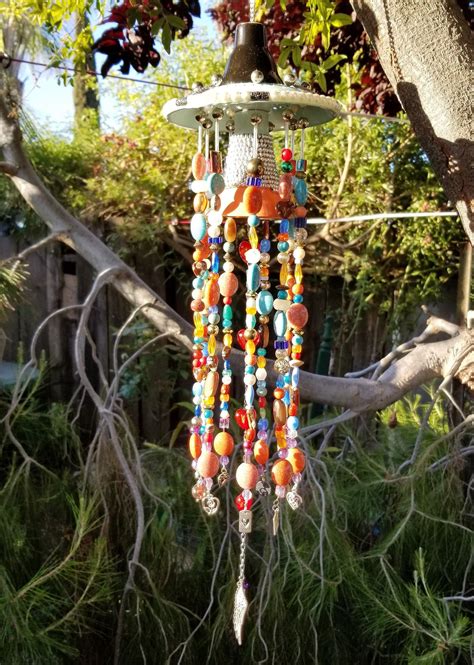 Garden Sun Catcher Heavily Beaded Wind Chime Charms Etsy Wind Chimes Red Glass Heart Sun