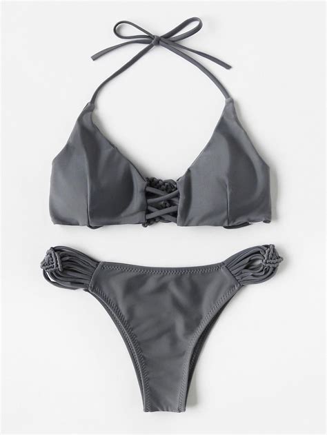 Shein Shein Woven Strap Criss Cross Halter Bikini Set With Images Swimwear
