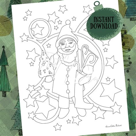 Vintage Santa With Stars Pdf Printable Coloring Page For Adults
