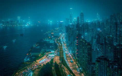 Download Wallpaper 3840x2400 Night City Fog Aerial View Buildings