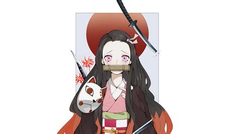 Demon Slayer Nezuko Kamado Having Mask And Sword With Background Of