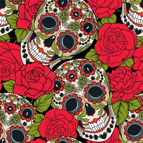 Seamless Pattern Background With Sugar Skull And Red Roses Stock