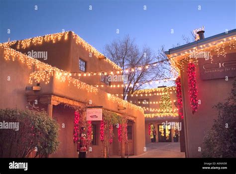 Christmas Lights On Retail Adobe Building In Santa Fe New Mexico Stock