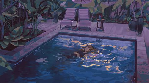Artwork Swimming Pool Women Night Reflection Anime Anime Girls In Water Floating Looking Up