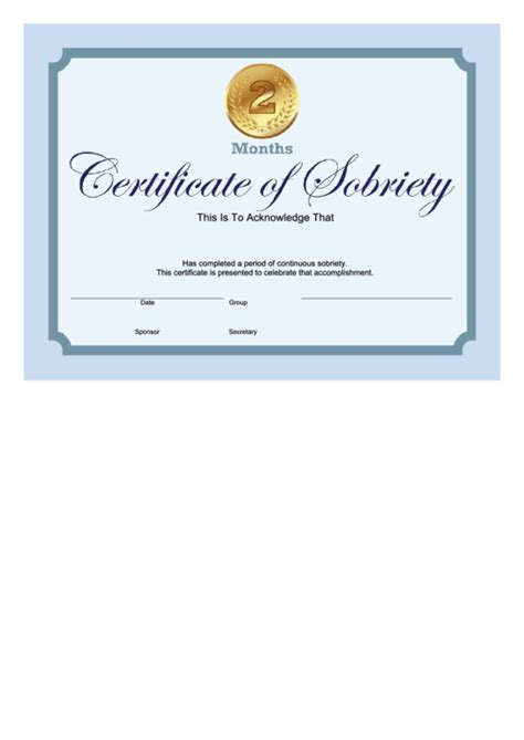 Sobriety Certificate Template 2 Months Blue Printable Pdf Download