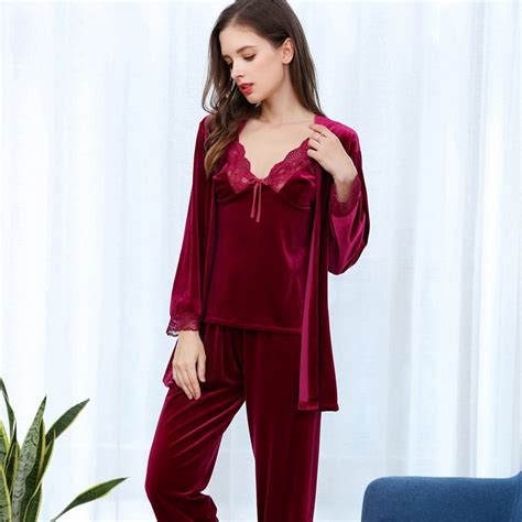 3 Pieces Velvet Pajama Sets Ladies Top Long Pants Robe Set Women