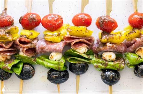 Antipasto Skewers With Shallot Balsamic Dressing Little Pine Kitchen