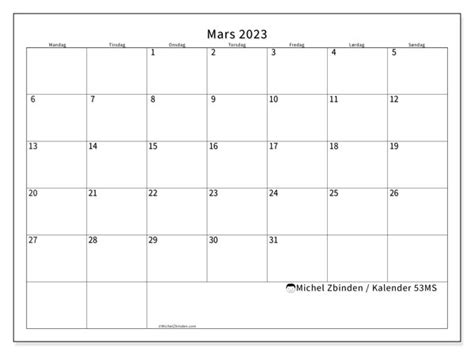 Kalender For Mars 2023 For Utskrift “53ms” Michel Zbinden No