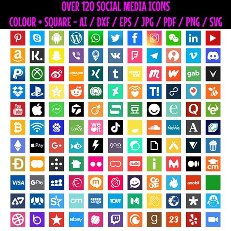 120 Unique Colour Social Media Icons Bundle Ai Dxf Eps Etsy
