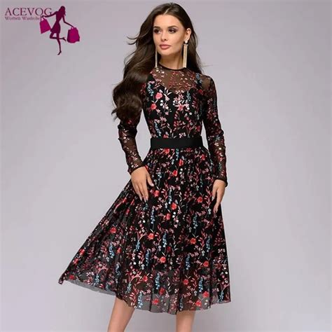 Aacevog Dress Women Floral Embroidery Dresses Sheer Mesh Summer Women