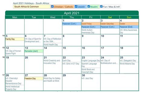 April 2021 Calendar With Holidays South Africa Holiday Calendar