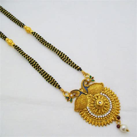 Meenakari Peacock Gold Plated Mangalsutra Indian Black Beads Bridal