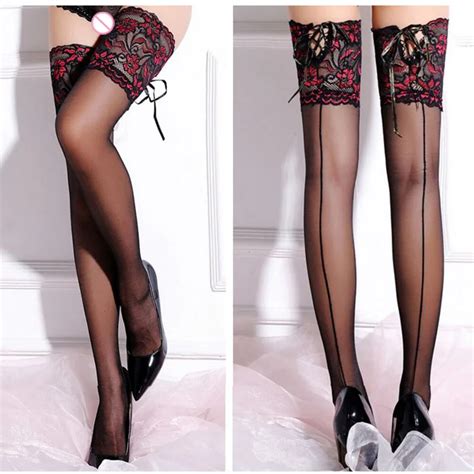 women knee high lace stockings back seam nylon female sexy stockings thigh long stay up