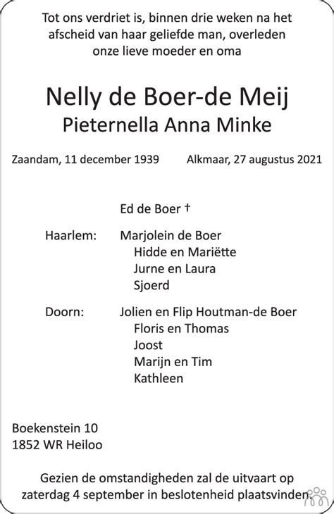 Nelly Pieternella Anna Minke De Boer De Meij 27 08 2021