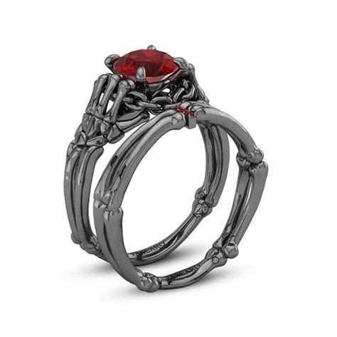Gothic Style Black Skeleton With Ruby Stone Designer Ring Set Vancaro