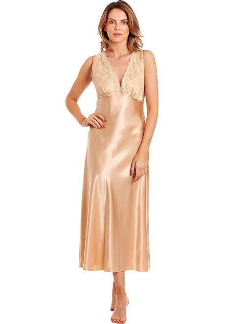 Womens Satin Long Chemise Nightdress Nightie With Build Up Lace