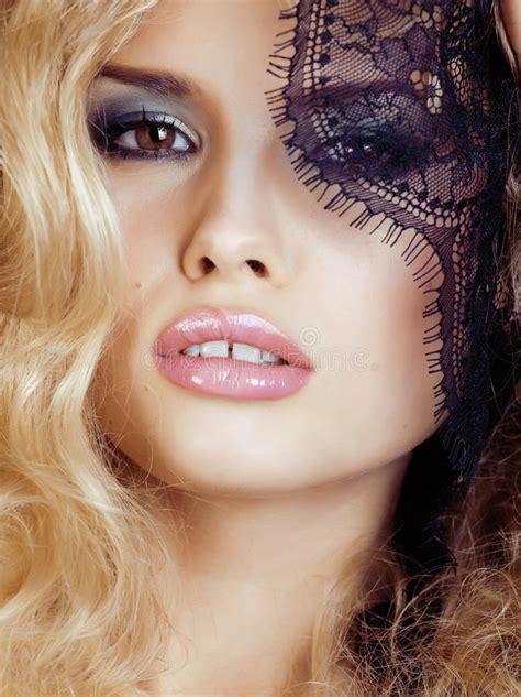 Portrait Of Beauty Blond Young Woman Through Black Lace Close Up Sensual Seduction Stock Image