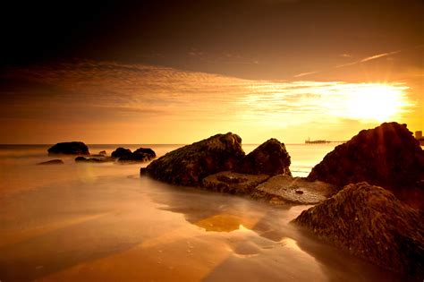 Wallpaper Sunlight Landscape Sunset Sea Water Rock Shore