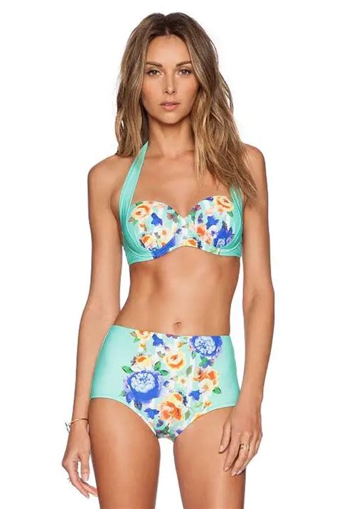 2016 New Sexy Bikinis Women Swimsuit Split High Waisted Bathing Suits Swim Beautiful Flower