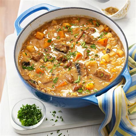 · this vegetable beef soup recipe is a classic — full of tender steak, lots of veggies, and delicious flavor! Beef Barley Soup with Roasted Vegetables Recipe | Taste of Home