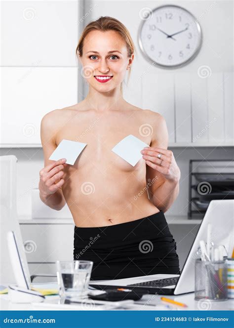 Portrait Of Naked Girl Joking With Stikers In The Office Stock Image Image Of Laugh Indoors