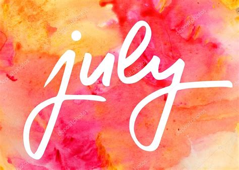 July Summer Card Hand Drawn White Lettering On Watercolor Background