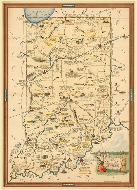 Historical Illustrated Map Of Indiana Cartography Vintage Map Mixed