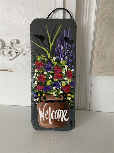Painted Slate Welcome Sign Personalized Garden Slate Sign Floral