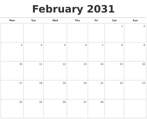 February 2031 Blank Monthly Calendar