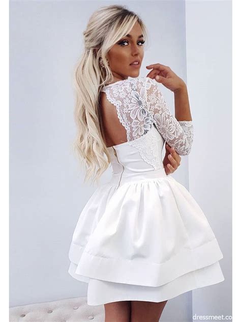 A Line V Neck Long Sleeve Lace White Short Homecoming Dresses Short