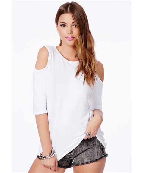 Missguided Basia White Open Shoulder Top With Curve Hem In White Lyst