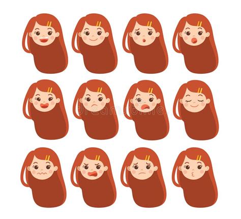 Set Of Adorable Girl Facial Emotions Stock Vector Illustration Of