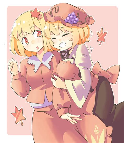 Arnest Aki Minoriko Aki Shizuha Touhou 2girls O Apron Arm Hug Autumn Leaves Blush