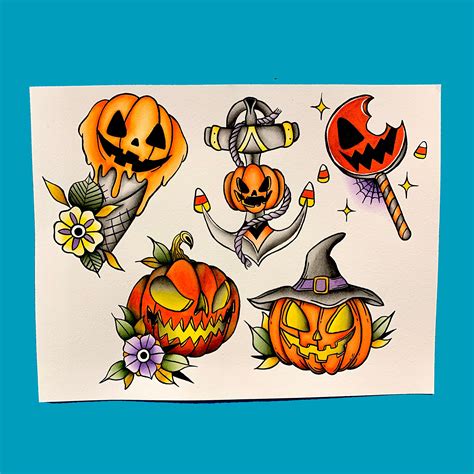 Halloween Pumpkin Tattoo Flash Sheet Print Etsy