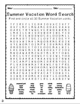 Keen, keep, key, kids, kindle, knowledge. Summer Vacation Word Search with Answer Key by The Education Warehouse